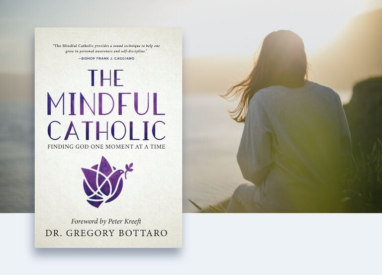 The book cover for the mindful catholic written in all caps and purple text by Dr. Gregory Bottaro sits in front of the background of a woman on the far right facing away from the camera sitting on a rock with her dark hair blowing in the wind while looking out into the ocean